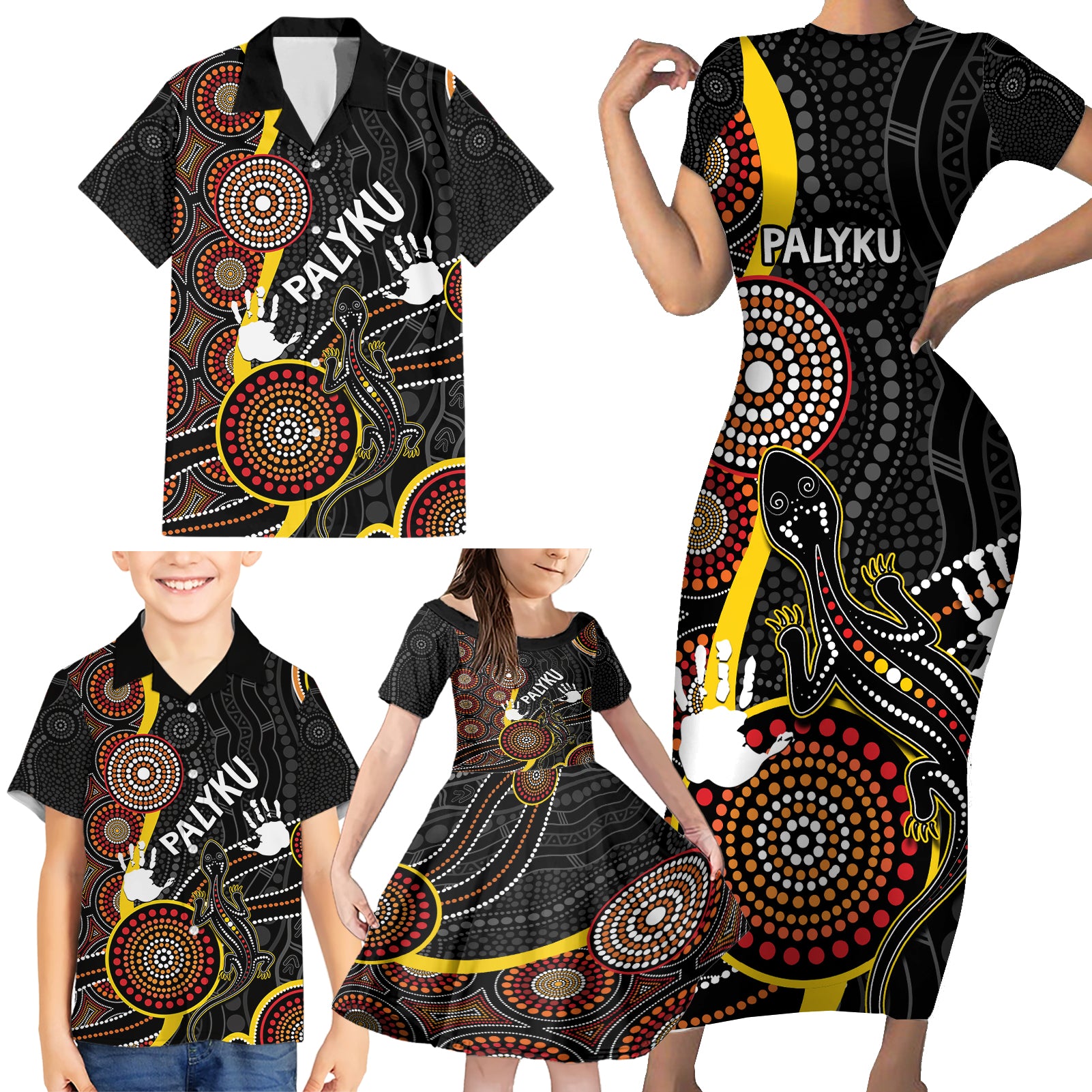 palyku-australia-lizard-aboriginal-art-family-matching-short-sleeve-bodycon-dress-and-hawaiian-shirt