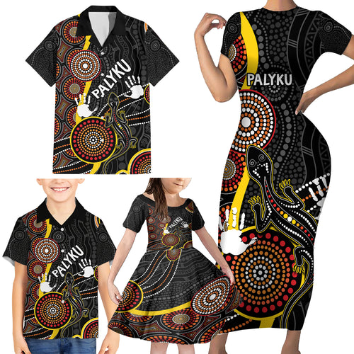 palyku-australia-lizard-aboriginal-art-family-matching-short-sleeve-bodycon-dress-and-hawaiian-shirt