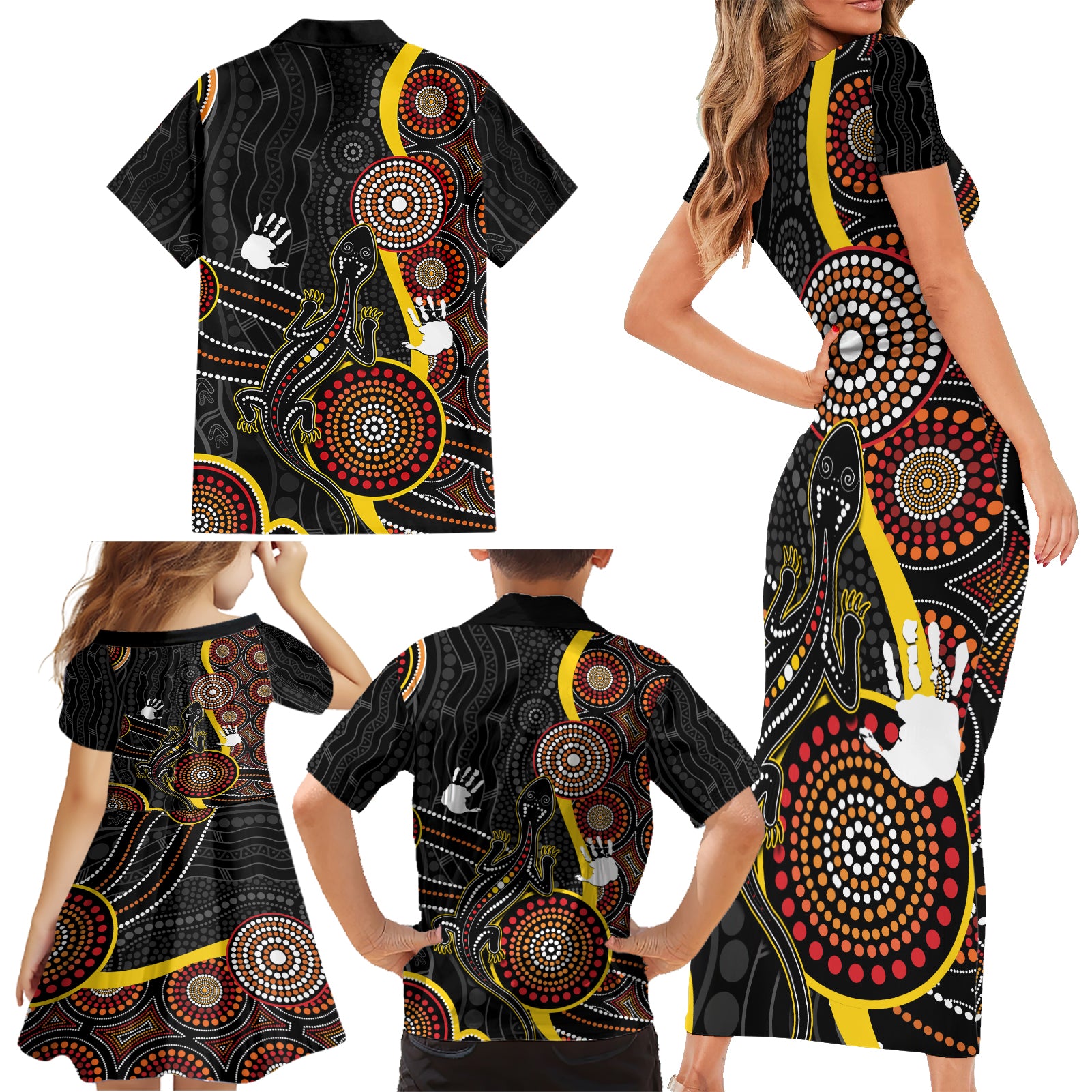 palyku-australia-lizard-aboriginal-art-family-matching-short-sleeve-bodycon-dress-and-hawaiian-shirt