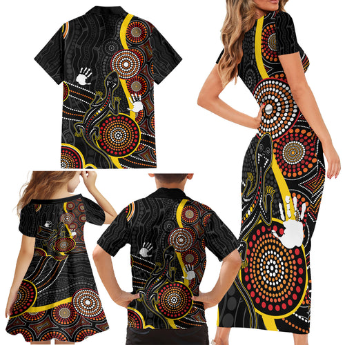 palyku-australia-lizard-aboriginal-art-family-matching-short-sleeve-bodycon-dress-and-hawaiian-shirt