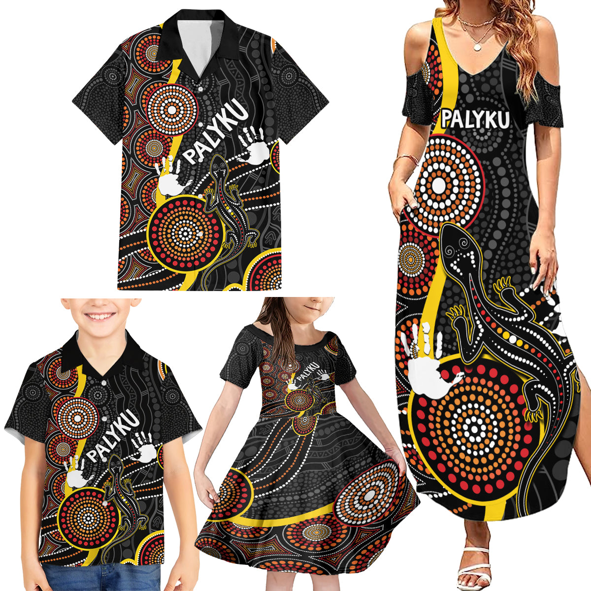 palyku-australia-lizard-aboriginal-art-family-matching-summer-maxi-dress-and-hawaiian-shirt
