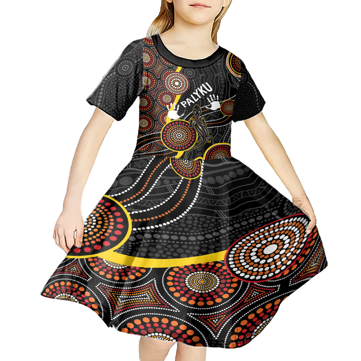 palyku-australia-lizard-aboriginal-art-kid-short-sleeve-dress