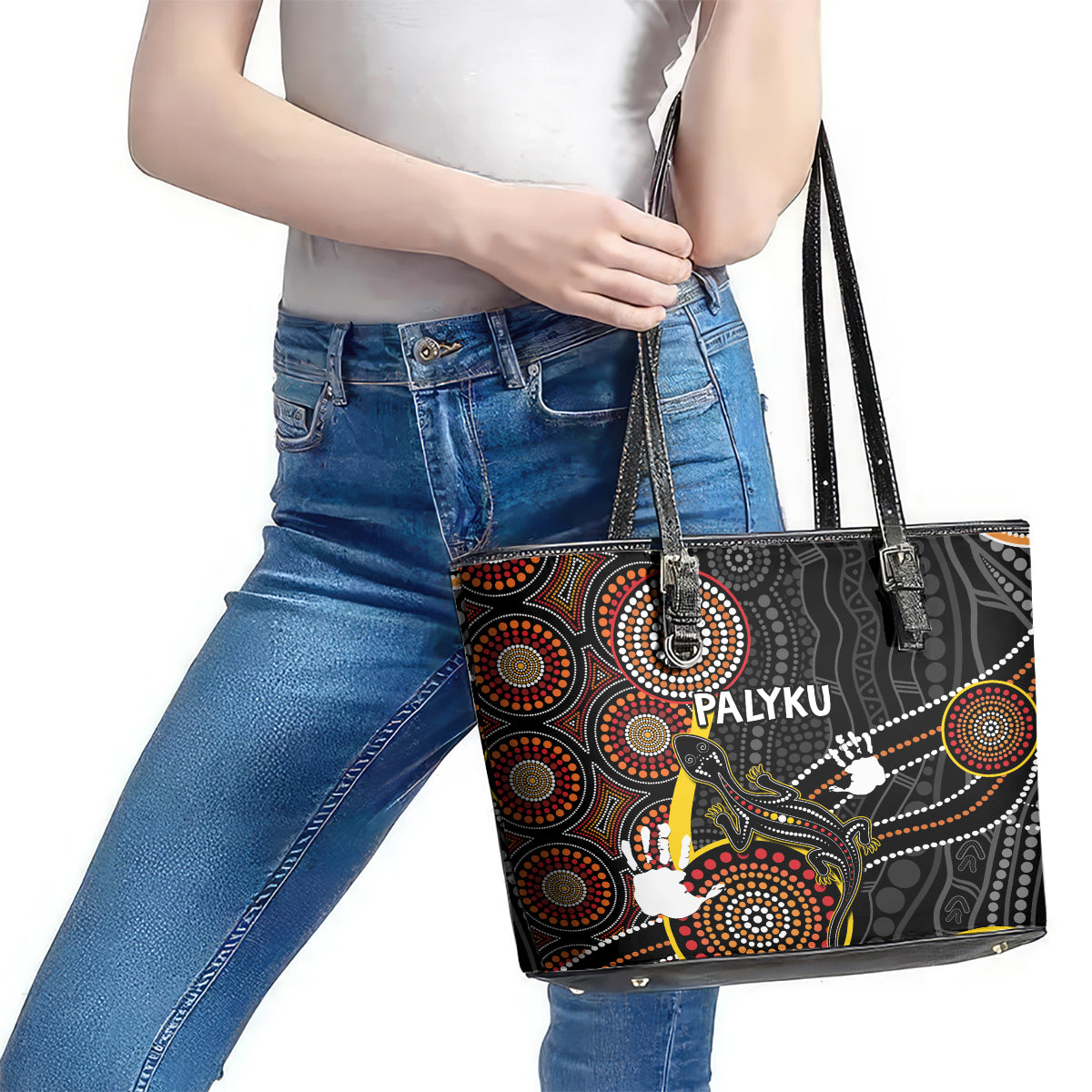 palyku-australia-lizard-aboriginal-art-leather-tote-bag