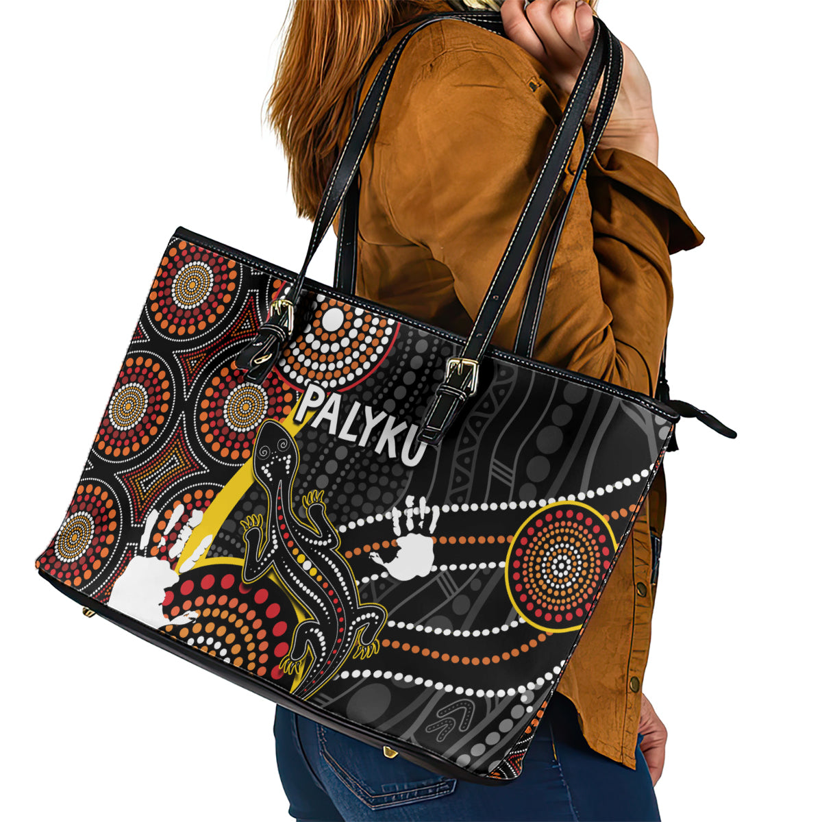 palyku-australia-lizard-aboriginal-art-leather-tote-bag