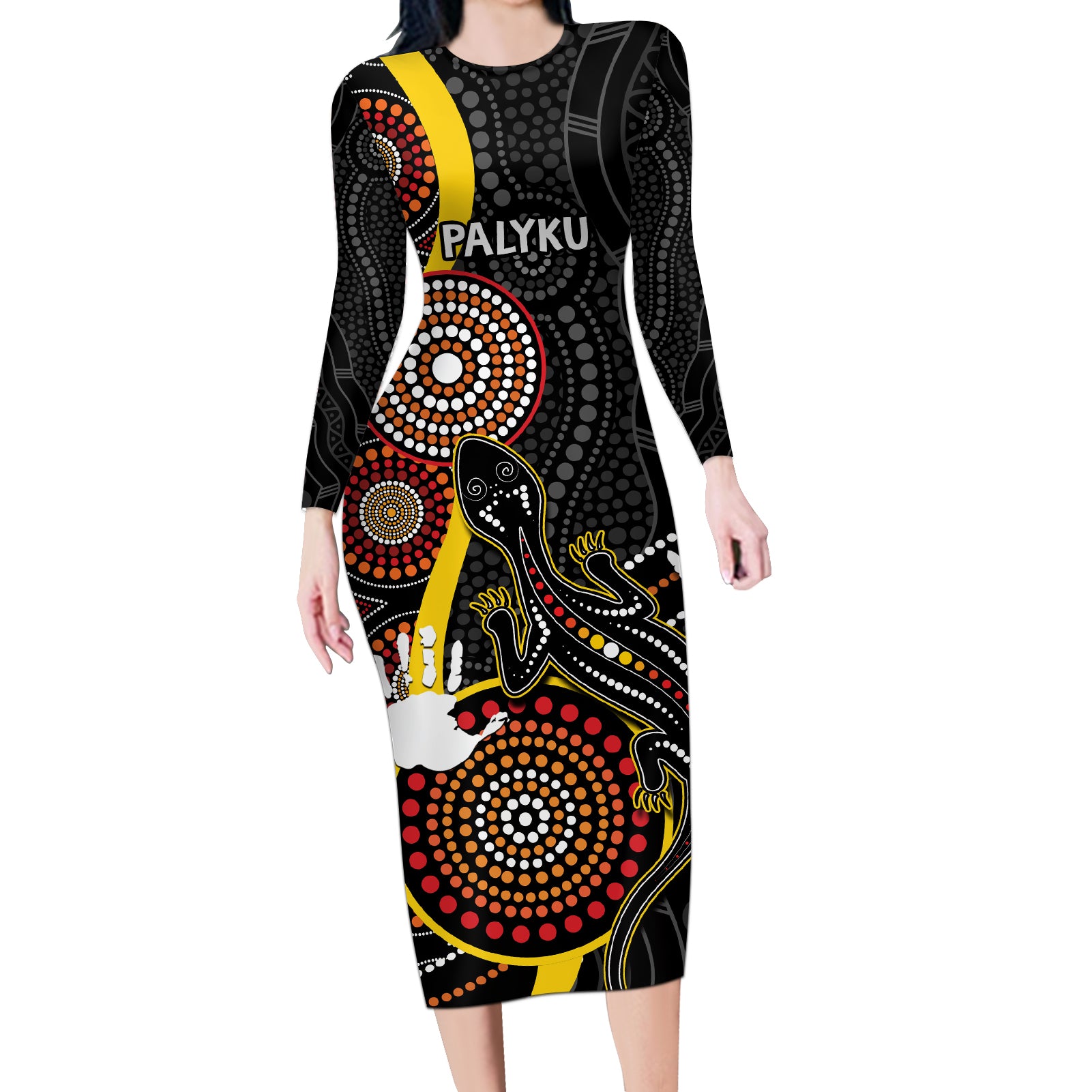 palyku-australia-lizard-aboriginal-art-long-sleeve-bodycon-dress