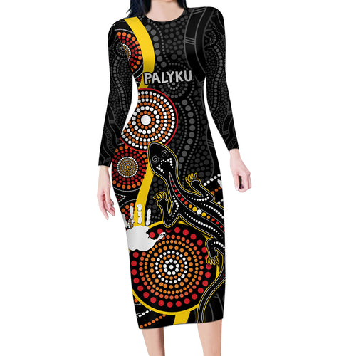 palyku-australia-lizard-aboriginal-art-long-sleeve-bodycon-dress