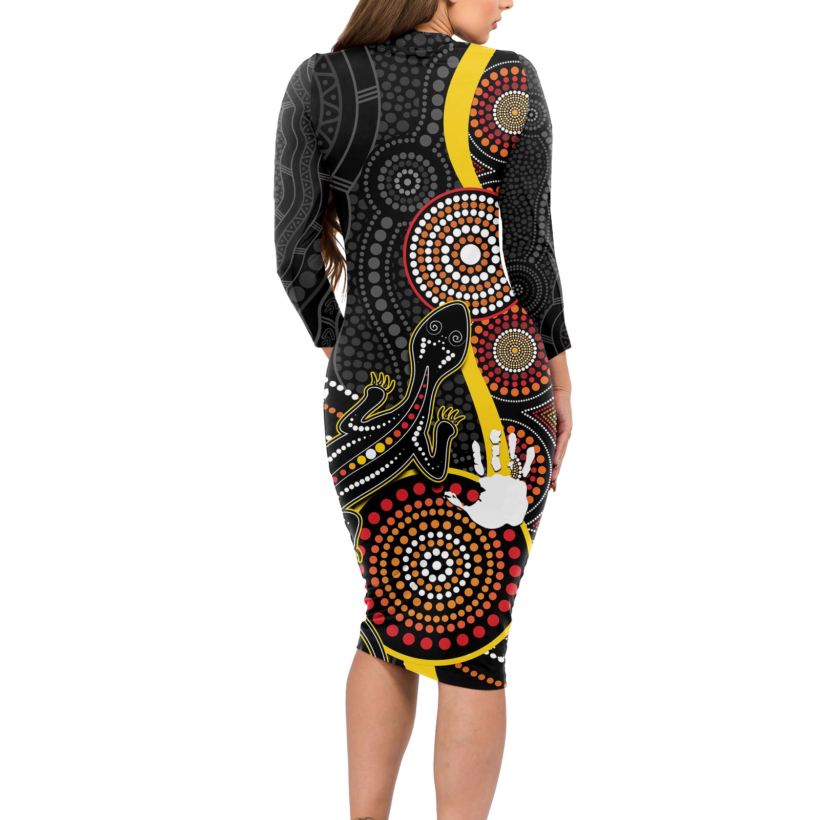 palyku-australia-lizard-aboriginal-art-long-sleeve-bodycon-dress
