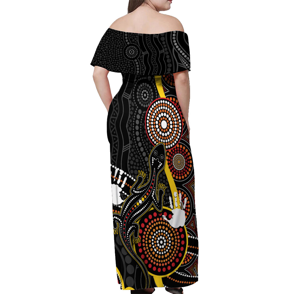 palyku-australia-lizard-aboriginal-art-off-shoulder-maxi-dress