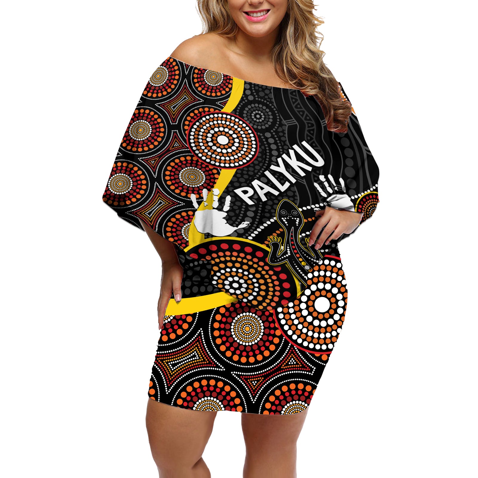 palyku-australia-lizard-aboriginal-art-off-shoulder-short-dress