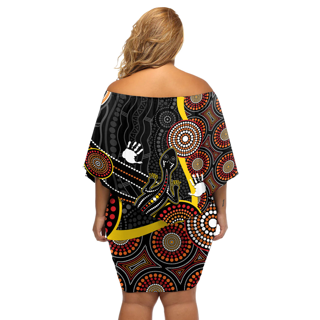 palyku-australia-lizard-aboriginal-art-off-shoulder-short-dress