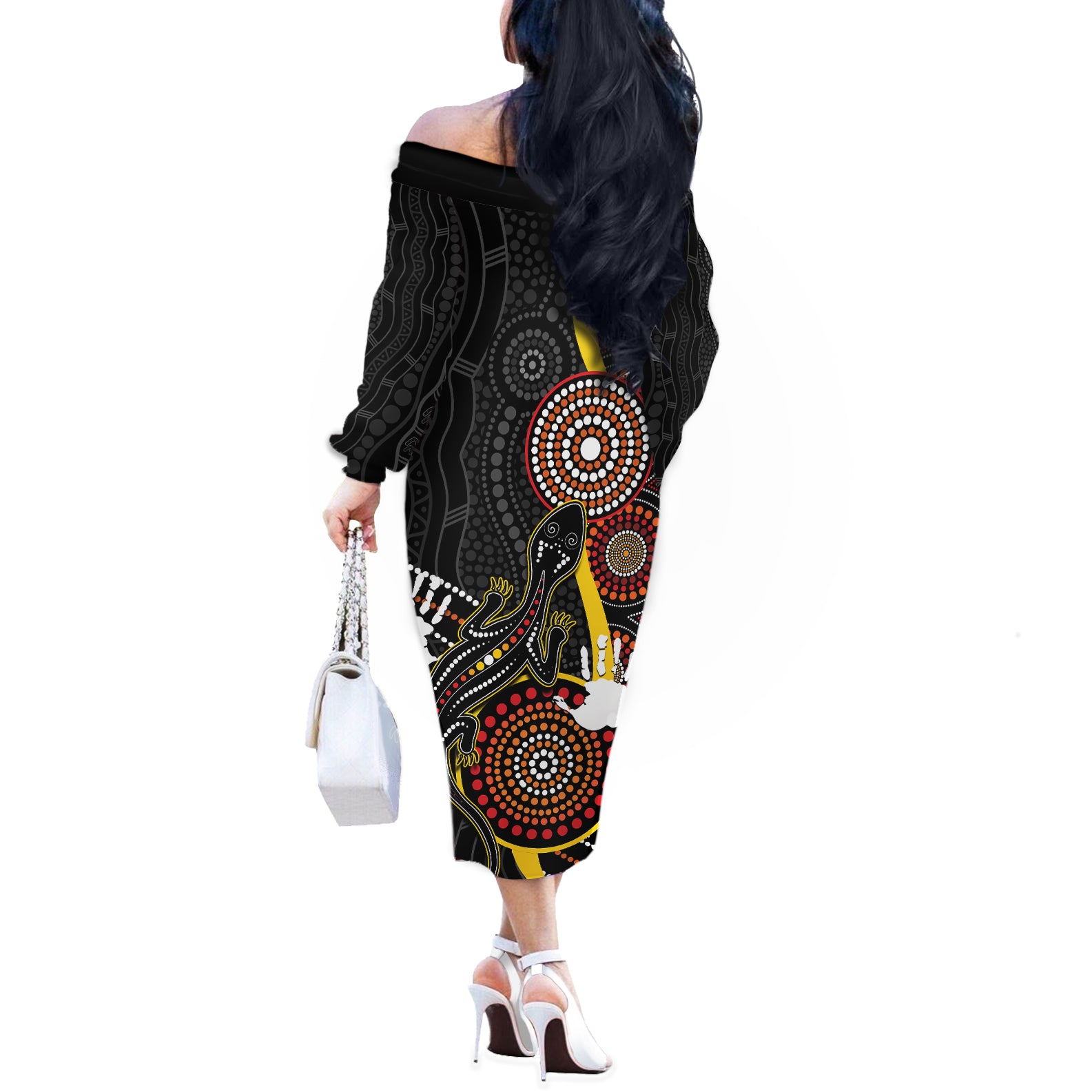 palyku-australia-lizard-aboriginal-art-off-the-shoulder-long-sleeve-dress