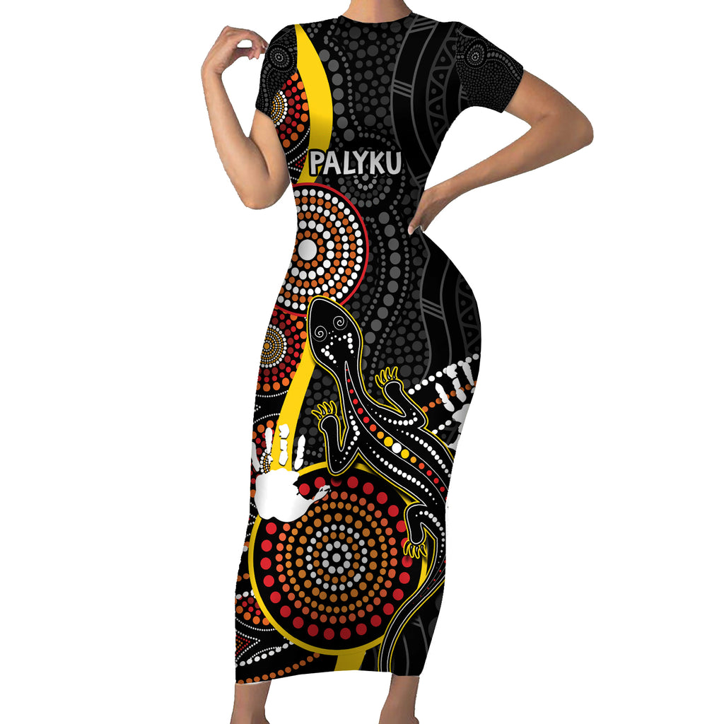palyku-australia-lizard-aboriginal-art-short-sleeve-bodycon-dress