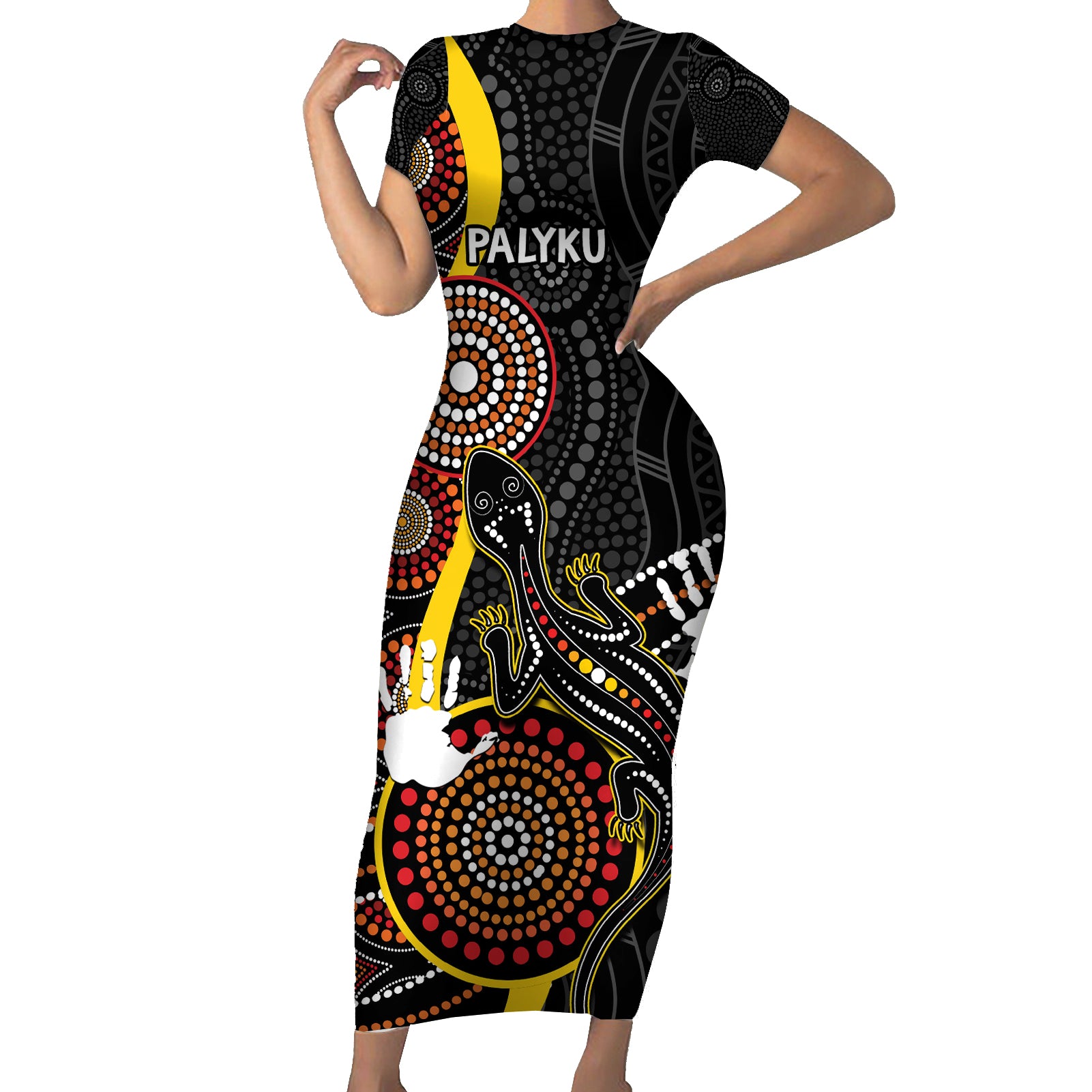palyku-australia-lizard-aboriginal-art-short-sleeve-bodycon-dress