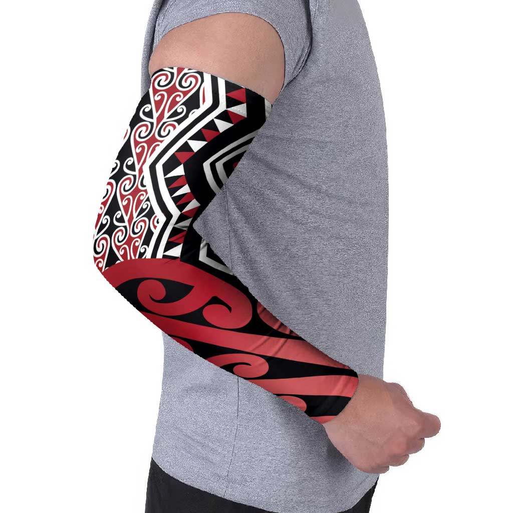 New Zealand Arm Sleeves Aotearoa Kowhaiwhai Mix Taniko Art - Red - Aussie Hoodie
