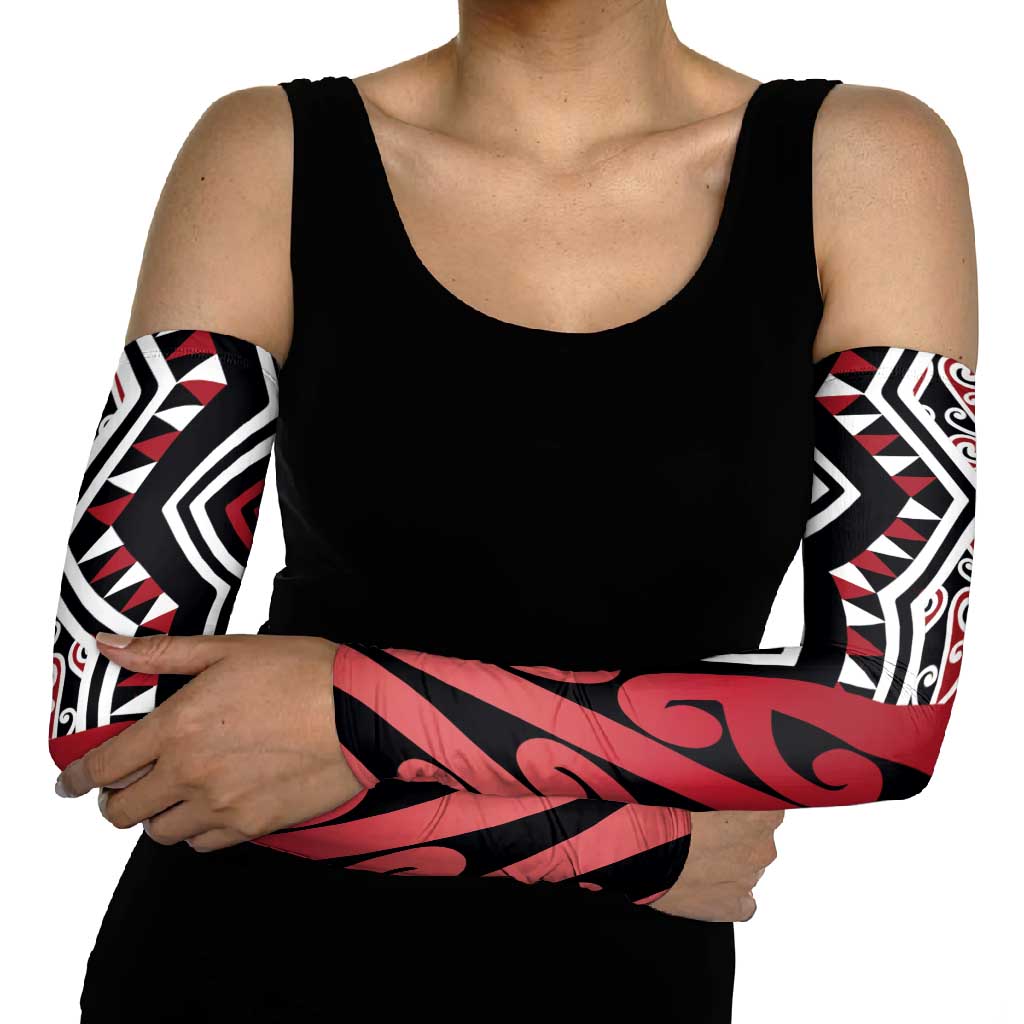 New Zealand Arm Sleeves Aotearoa Kowhaiwhai Mix Taniko Art - Red - Aussie Hoodie