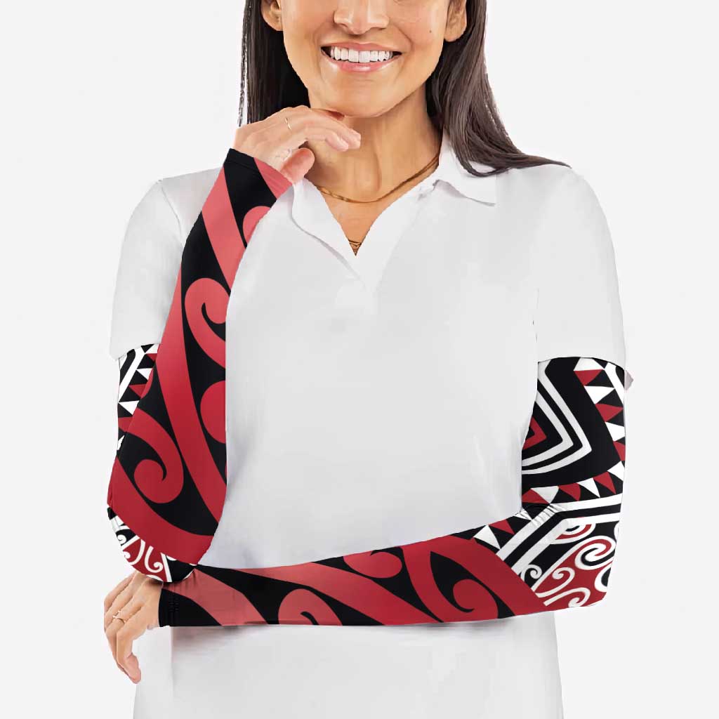 New Zealand Arm Sleeves Aotearoa Kowhaiwhai Mix Taniko Art - Red - Aussie Hoodie