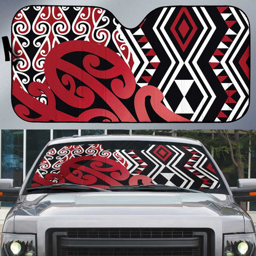New Zealand Auto Sun Shade Aotearoa Kowhaiwhai Mix Taniko Art - Red - Aussie Hoodie