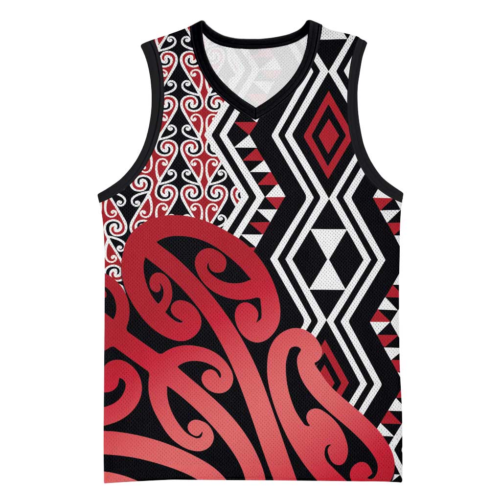 New Zealand Basketball Jersey Aotearoa Kowhaiwhai Mix Taniko Art - Red - Aussie Hoodie