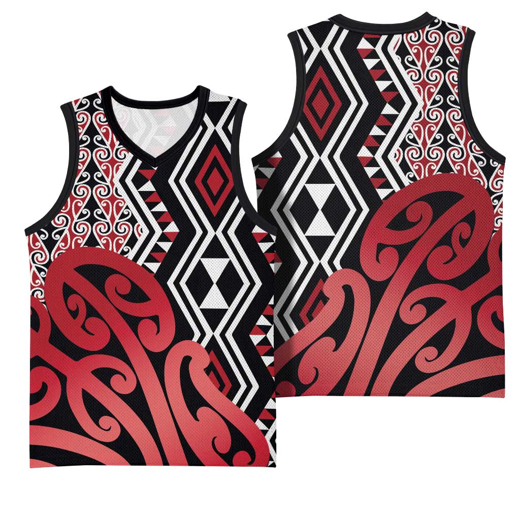 New Zealand Basketball Jersey Aotearoa Kowhaiwhai Mix Taniko Art - Red - Aussie Hoodie