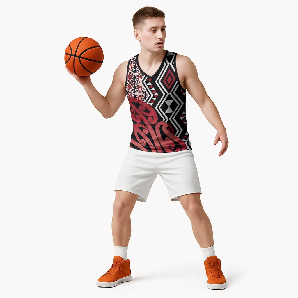 New Zealand Basketball Jersey Aotearoa Kowhaiwhai Mix Taniko Art - Red - Aussie Hoodie