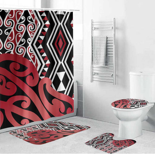 New Zealand Bathroom Set Aotearoa Kowhaiwhai Mix Taniko Art - Red - Aussie Hoodie