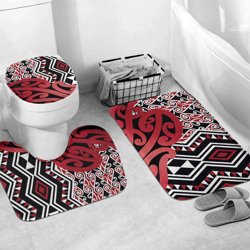 New Zealand Bathroom Set Aotearoa Kowhaiwhai Mix Taniko Art - Red - Aussie Hoodie