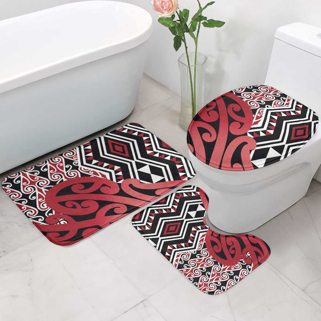 New Zealand Bathroom Set Aotearoa Kowhaiwhai Mix Taniko Art - Red - Aussie Hoodie