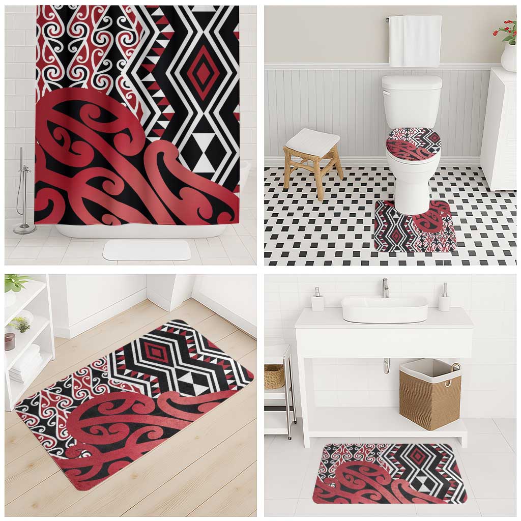 New Zealand Bathroom Set Aotearoa Kowhaiwhai Mix Taniko Art - Red - Aussie Hoodie