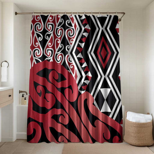 New Zealand Bathroom Set Aotearoa Kowhaiwhai Mix Taniko Art - Red - Aussie Hoodie