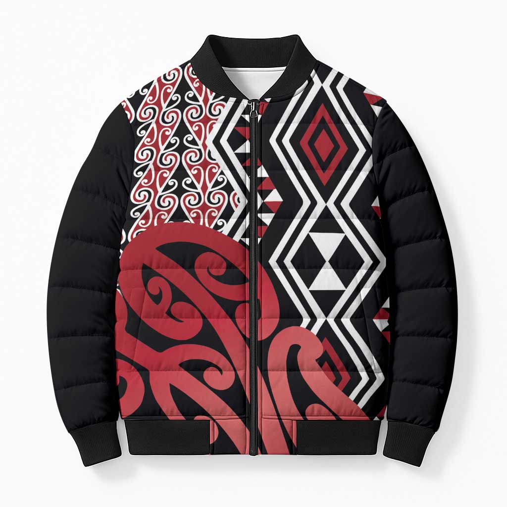 New Zealand Bomber Puffer Jacket Aotearoa Kowhaiwhai Mix Taniko Art - Red - Aussie Hoodie