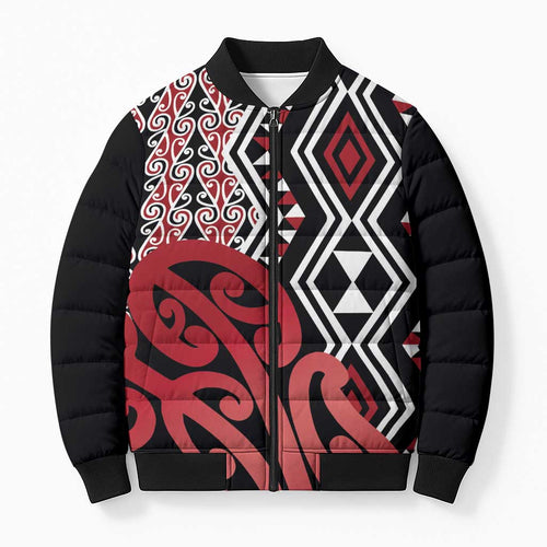 New Zealand Bomber Puffer Jacket Aotearoa Kowhaiwhai Mix Taniko Art - Red - Aussie Hoodie