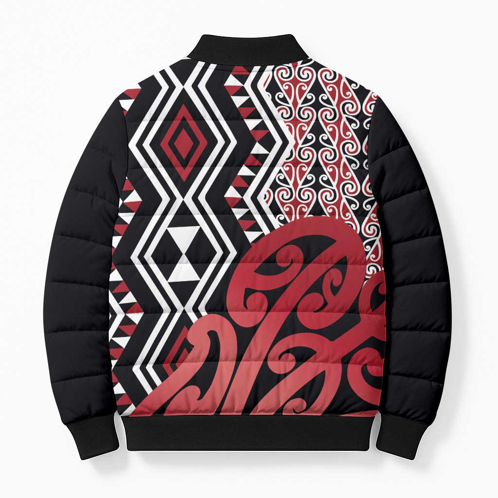 New Zealand Bomber Puffer Jacket Aotearoa Kowhaiwhai Mix Taniko Art - Red - Aussie Hoodie