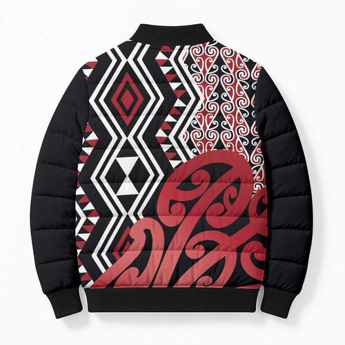 New Zealand Bomber Puffer Jacket Aotearoa Kowhaiwhai Mix Taniko Art - Red - Aussie Hoodie