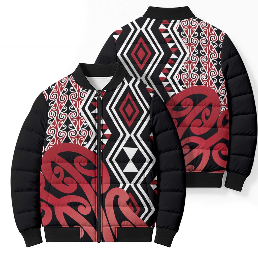 New Zealand Bomber Puffer Jacket Aotearoa Kowhaiwhai Mix Taniko Art - Red - Aussie Hoodie