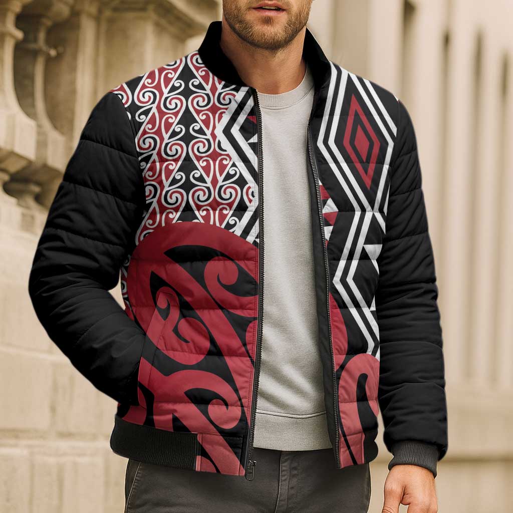 New Zealand Bomber Puffer Jacket Aotearoa Kowhaiwhai Mix Taniko Art - Red - Aussie Hoodie