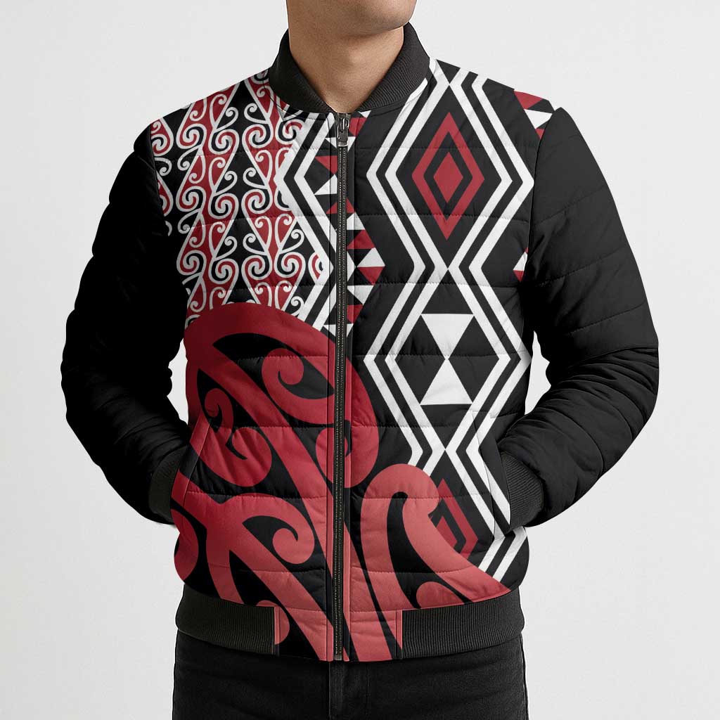 New Zealand Bomber Puffer Jacket Aotearoa Kowhaiwhai Mix Taniko Art - Red - Aussie Hoodie