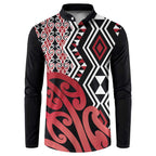 New Zealand Button Sweatshirt Aotearoa Kowhaiwhai Mix Taniko Art - Red