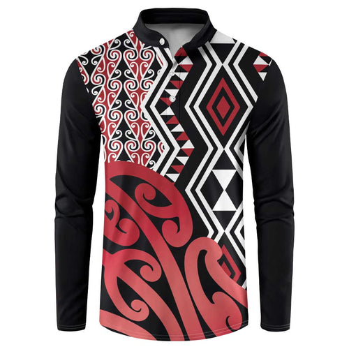 New Zealand Button Sweatshirt Aotearoa Kowhaiwhai Mix Taniko Art - Red