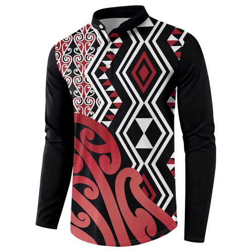 New Zealand Button Sweatshirt Aotearoa Kowhaiwhai Mix Taniko Art - Red