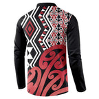 New Zealand Button Sweatshirt Aotearoa Kowhaiwhai Mix Taniko Art - Red