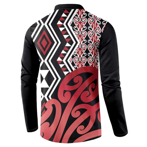New Zealand Button Sweatshirt Aotearoa Kowhaiwhai Mix Taniko Art - Red