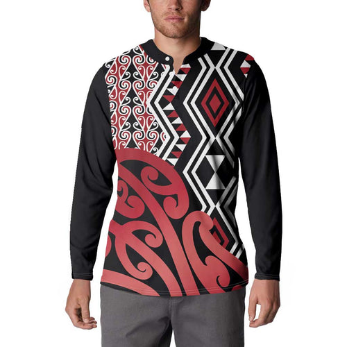 New Zealand Button Sweatshirt Aotearoa Kowhaiwhai Mix Taniko Art - Red