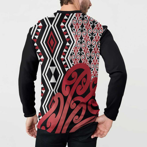 New Zealand Button Sweatshirt Aotearoa Kowhaiwhai Mix Taniko Art - Red