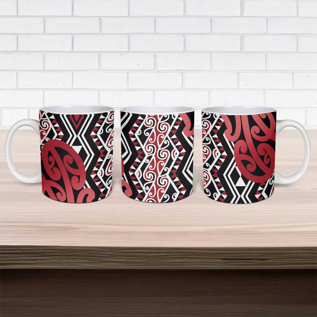 New Zealand Ceramic Mug Aotearoa Kowhaiwhai Mix Taniko Art - Red - Aussie Hoodie