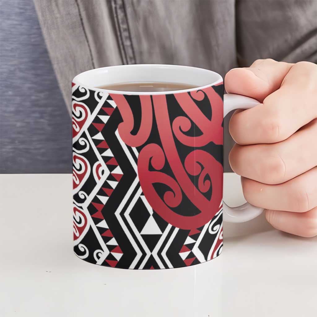 New Zealand Ceramic Mug Aotearoa Kowhaiwhai Mix Taniko Art - Red - Aussie Hoodie