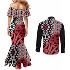 New Zealand Couples Matching Mermaid Dress and Long Sleeve Button Shirt Aotearoa Kowhaiwhai Mix Taniko Art - Red