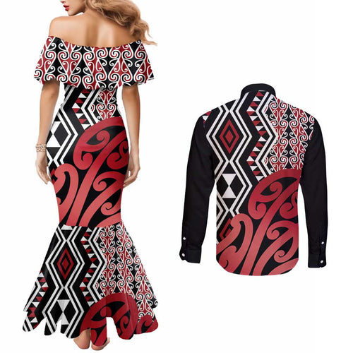 New Zealand Couples Matching Mermaid Dress and Long Sleeve Button Shirt Aotearoa Kowhaiwhai Mix Taniko Art - Red