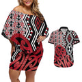 New Zealand Couples Matching Off Shoulder Short Dress and Hawaiian Shirt Aotearoa Kowhaiwhai Mix Taniko Art - Red