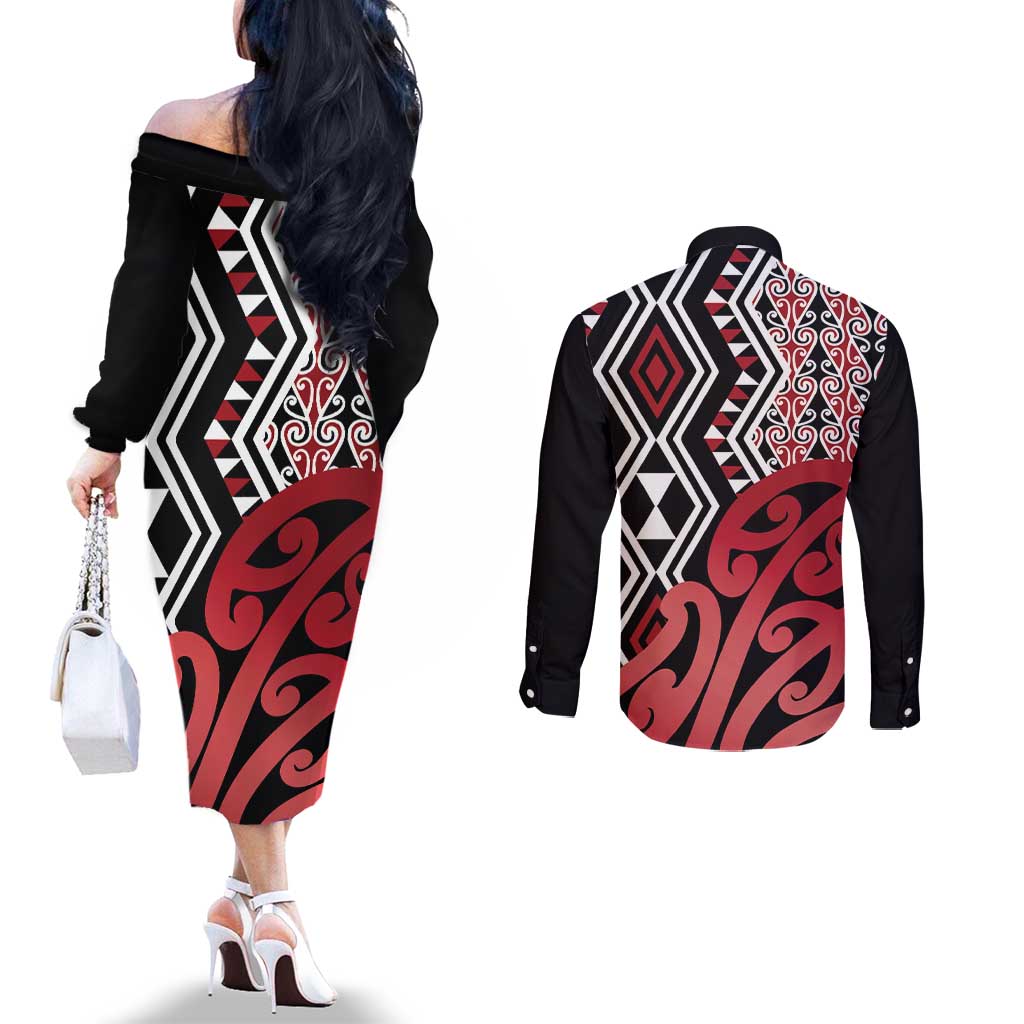 New Zealand Couples Matching Off The Shoulder Long Sleeve Dress and Long Sleeve Button Shirt Aotearoa Kowhaiwhai Mix Taniko Art - Red