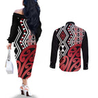 New Zealand Couples Matching Off The Shoulder Long Sleeve Dress and Long Sleeve Button Shirt Aotearoa Kowhaiwhai Mix Taniko Art - Red